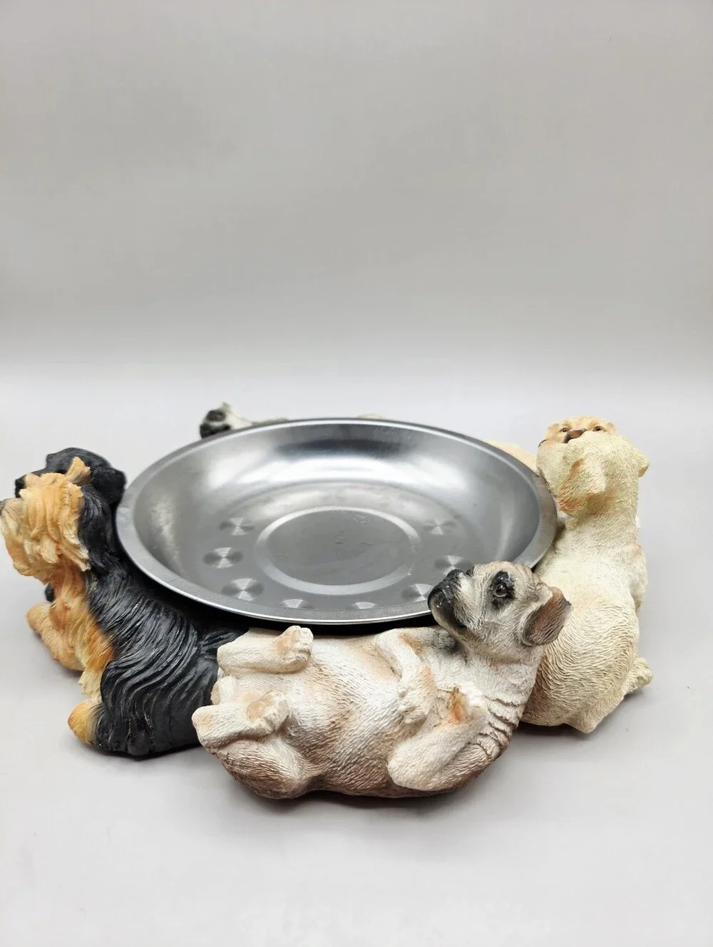 Dog Bowl Holder with 6 Different Dogs & Stainless Steel Dish in Center
